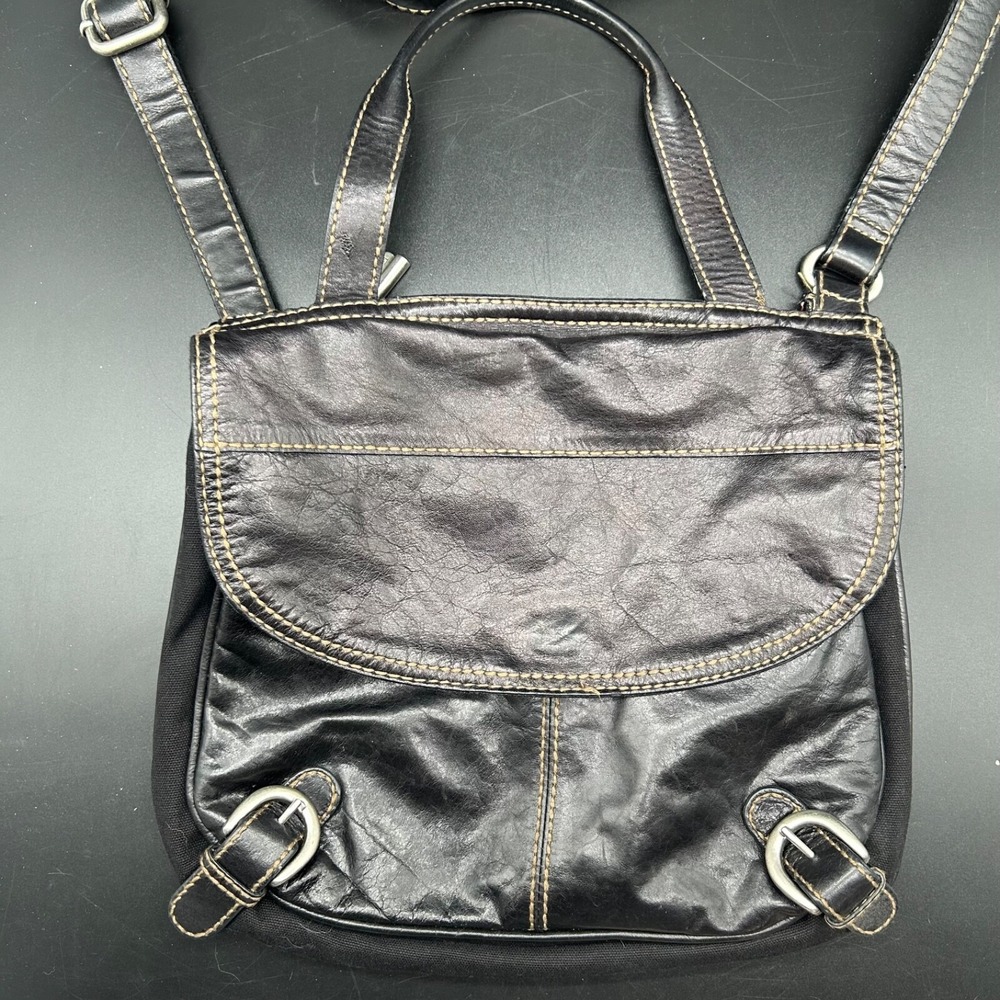 Fossil Vintage Black Leather Canvas Crossbody Bag Messenger Tote